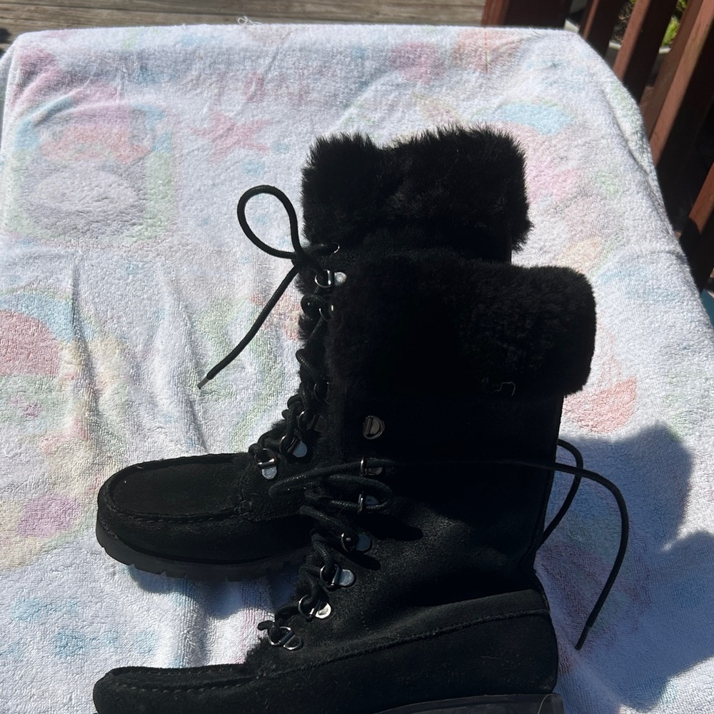 Ralph Lauren Black Lace-Up Fur Boots- Zahara - leather Upper Size 5.5